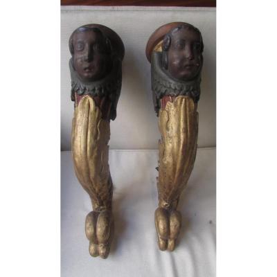 Pair Of Torcheres Arm Of Light Italy XVIII Baroque Torches Wood Gilded And Polychrome