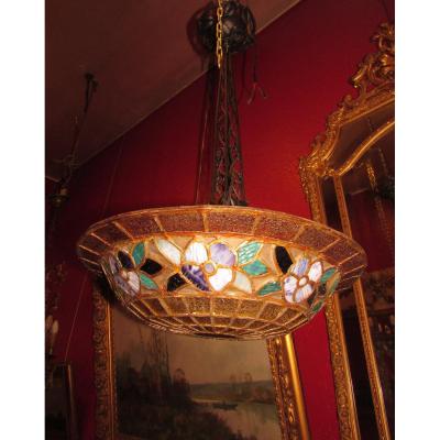 Old Chandelier Epoque 1900 Art Nouveau Stained Glass Stained Glass Style Tyffany Cup Ceiling Light