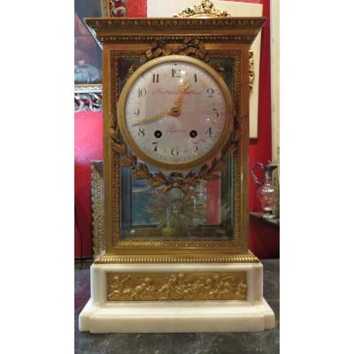 Cartel Clock XIX Gilt Bronze Marble Carrara Ferdinand Berthoud Style Lxvi Frieze From Cherubin
