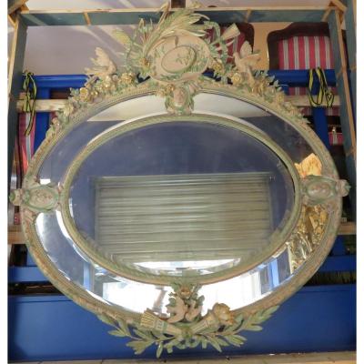 Monumental Mirror Napoleon III Oval Of Chateau Wood And Stucco Lacquered Flowers And Birds Nineteenth Ice