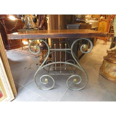 Old Butcher's Table In Wrought Iron And Brass Terrace Epok 1900