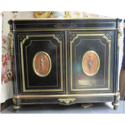 Ancien Buffet D Appui 2 Portes Napoleon III Noirci XIXe Medaillon Bronze Boulle