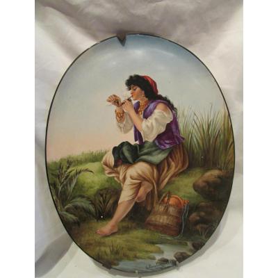 Former 19th 1883 Faience Plate Painted Decor Italian A La Pipe Signed E Larcher