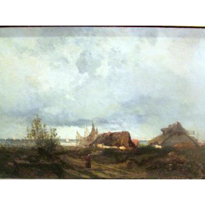 Oil Painting Canvas 19th Sgn Normandy Town Fisherman Marine