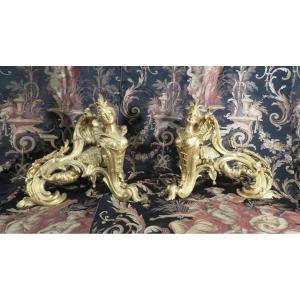 Rare Pair Of Andirons Napoleon III Nineteenth Gilt Bronze By Bouhon Freres Syle Lxiv Mermaid Woman