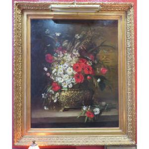 Large Oil / Canvas Painting Bouquet Meadow Flowers Poppy Cauchois 19th Still Life