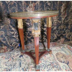 Empire Period Pedestal Table Back From Egypt In Mahogany Veneer With Caryatids In Golden Wood Nineteenth 1805