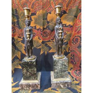 Pair Of Empire Period Candlesticks Return From Egypt Caryatids To The Medici In Bronze 2 Patinas