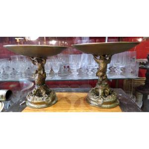 Pair Of Philippe Fratin Bronze Cup In Bronze Bears And Elephants Eagles Nineteenth Sculpture