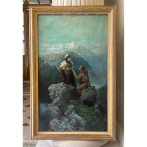 Loving Couple At Altitude, Oil On Canvas Late 19th Century