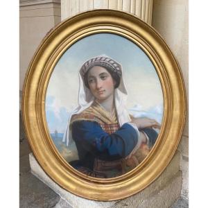 The Beautiful Italian Woman, Large Pastel Mid 19th Century