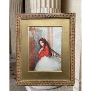 Young Girl In A Tutu At The Entrance Of A Ball, Large 19th Century Watercolor 