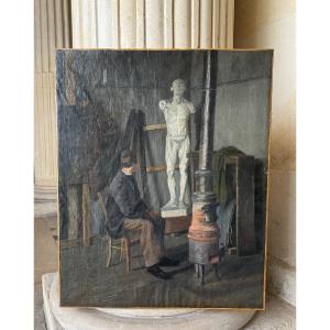 Artist In His Workshop, Oil On Canvas Late 19th Century