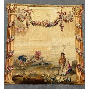 Gallant Fishing Scene By The Water, Aubusson Tapestry, Mid-18th Century