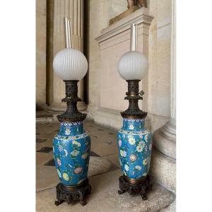 Pair Of 19th Century Cloisonné Enamel Oil Lamps