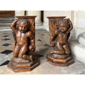 Pair Of Carved Wood Putti Forming Saddles, 18th Century