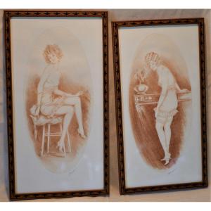 Erotica Pair Of Sanguines - Light And Bare Women - Signed Eduin - XX Ith Lithoengraved