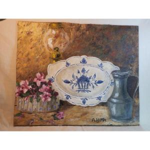 Hsp Painting André Hardy Still Life (interior Scene Earthenware, Flowers, Pewter, Etc.) Ref Jul24har002