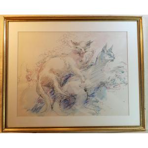 Beautiful Framed Drawing By Eliane Diverly (1914-2012). Promise. Mixed Media On Paper, Signed