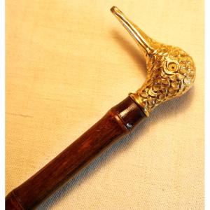 Fine Dandy Cane With Bird's Head Knob In Gilded Metal XIX Sdc24can002