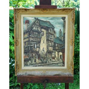 Hst Knife Painting Signed Boyer Half-timbered Norman Village House Rbn25boy001