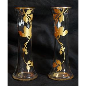 Art Nouveau - Reduced Pair Of Soliflore Vases With Vegetal Decoration And Gilt Highlights Sdc25vas004