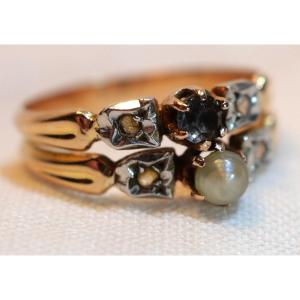 18k Gold Ring With Two Bands In Two Golds, Set With A Pearl And A Sapphire With Brilliant-cut Stones Sdc25bag001