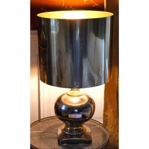 1970s Lamp Attributed To Maison Charles – Eglomisé Ceramic And Metallic Lampshade – H. 72 