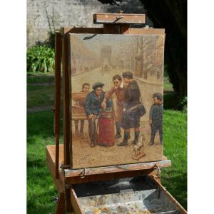 Scène Paris Jeu De Rue - Fairground And Schoolchildren - Oil On Canvas Signed Dubois 19th Century Per25hst001
