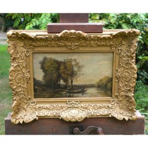Hsp In The Taste Of Corot - Boatman Marsh River - Reverse Painting - XIXth Noy25hsp001