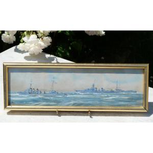 Framed Watercolour Of Two Warships Tou25nav001