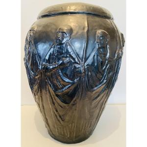 Very Large Antique Glazed Pottery Decorated With Asian Monks 