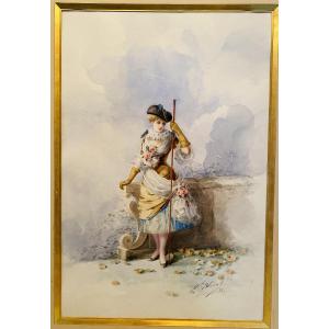 Watercolor Depicting An Elegant Young Woman By Marcel Blairat, 19th Century