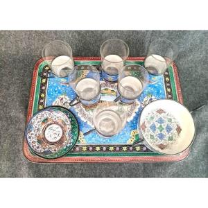 Antique Tea Service, Persian Work, Made In Iran, Baccarat Crystal, Enamels On Copper
