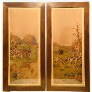 Pair Of Large Antique Engravings Signed Georges La Rocque (1839-1932)
