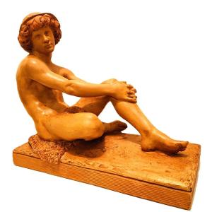 19th-century Terracotta Sculpture Of A Young Nude Man With A Hat From Laforesterie