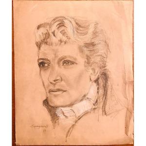 Antique Drawing Signed Soungouroff, Portrait Of Jean Marais