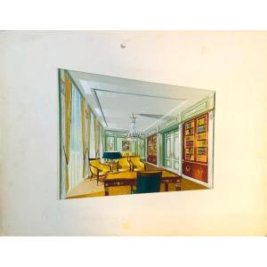 Antique Watercolor Interior Decoration Of The Prince's Palace, Maison Mercier, Paris