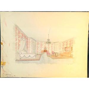 Antique Watercolor Decoration Of A Princely Residence By Maison Mercier In Paris
