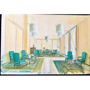 Original Watercolor Painting, Decoration Of Prince Khalid Bin Fahad's Apartment By Maison Mercier Paris