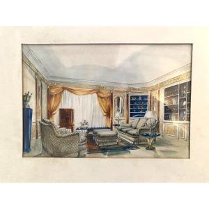 Antique Watercolor Decoration Of The Residence Of Prince Khalid Bin Fahad By Maison Mercier In Paris