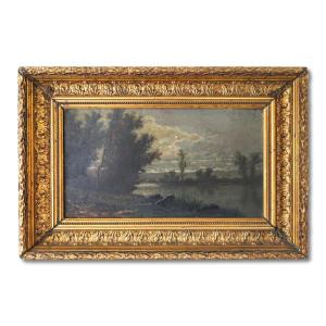 Night River Landscape - French School, Mid-19th Century, Oil On Cardboard (13.3" X 20.4")