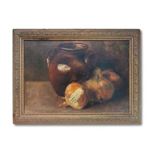 Still Life With Onions - Oil On Canvas Mounted On Panel - Monogrammed Lower Right