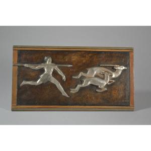 A. Kelety. Rare "the Hunt" Bronze Bas Relief Plate