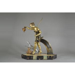 Diana Huntress Large Art Deco Figural Group. Dinanderie Like Patina.