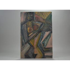 Elisabeth Ronget (1893-1972). Cubist Nude Lady. Oil On Panel.