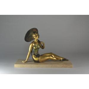 Art Deco Young Bather With Parasol