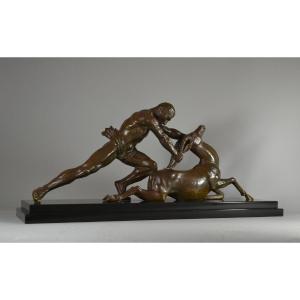 Ghanu Gantcheff Large Art Deco Bronze Group. Man And Antelope. Ghanu Gantcheff (1898-1950)