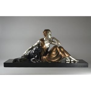 "lady With Panther" – Large Art Deco Group, Circa 1925