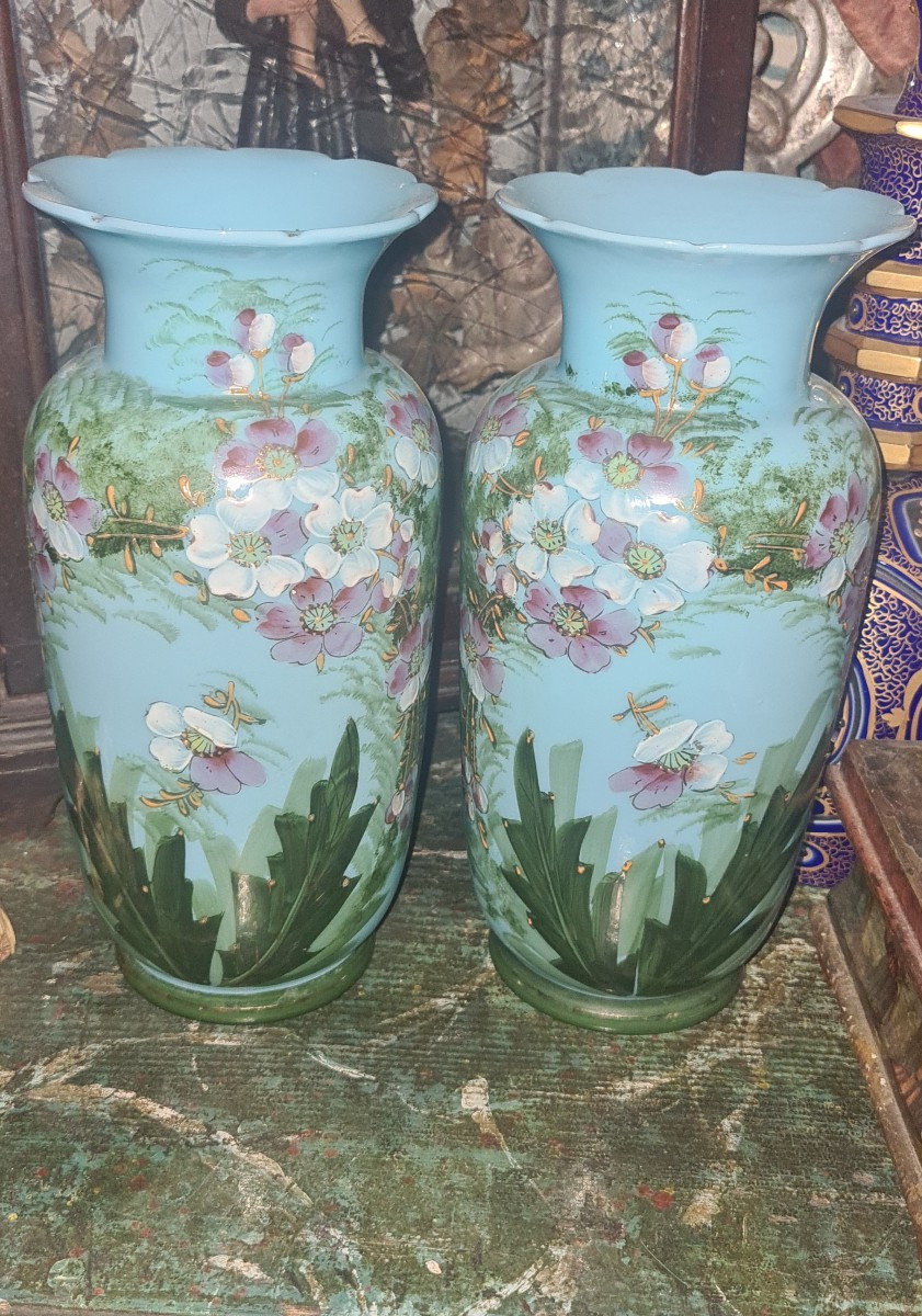 Coppia di vasi in opalina dipinti